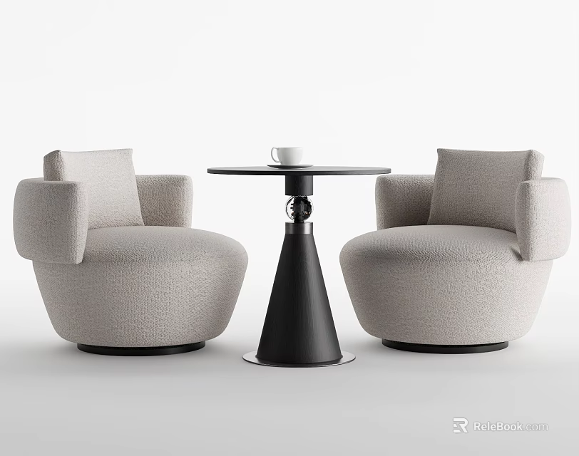 Modern Round Table With Light Gray Upholstered Armchairs And Black Base Design Set 3d model