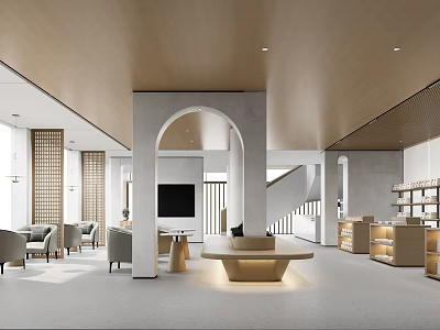 Modern Tourist Center Interior Design With Archway Wooden Ceiling Sofas Bookshelves And Staircase 3d model