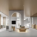 Modern Tourist Center Interior Design With Archway Wooden Ceiling Sofas Bookshelves And Staircase