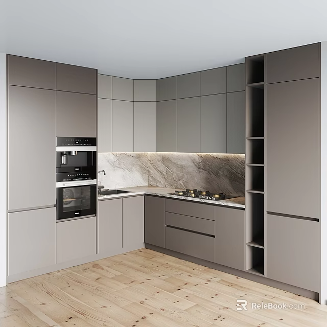 Modern Gray Kitchen Cabinets With Marble Countertop Open Shelves And Appliances 3d model 