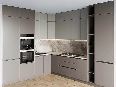 Modern Gray Kitchen Cabinets With Marble Countertop Open Shelves And Appliances 3d model