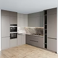 Modern Gray Kitchen Cabinets With Marble Countertop Open Shelves And Appliances