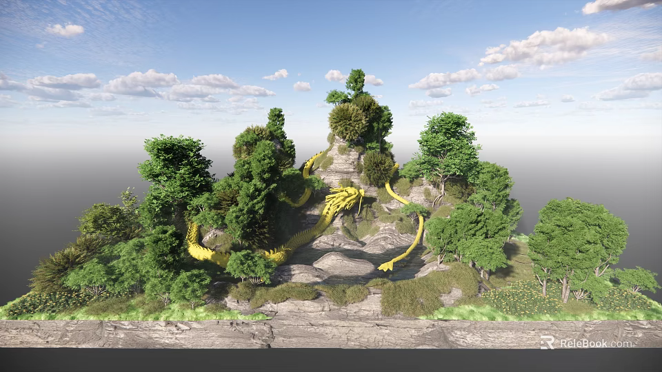 Lush Garden Landscape With Winding Yellow Path Rocky Hills And Green Vegetation 3d model 