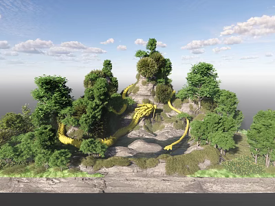 Lush Garden Landscape With Winding Yellow Path Rocky Hills And Green Vegetation 3d model