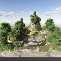 Lush Garden Landscape With Winding Yellow Path Rocky Hills And Green Vegetation