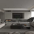 Modern Living and Dining Room Interior With Sofa Coffee Table Fireplace and Decorative Plants