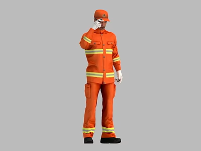 A Man In Orange Firefighter Uniform With Reflective Stripes Wearing Hat Talking On Radio 3d model
