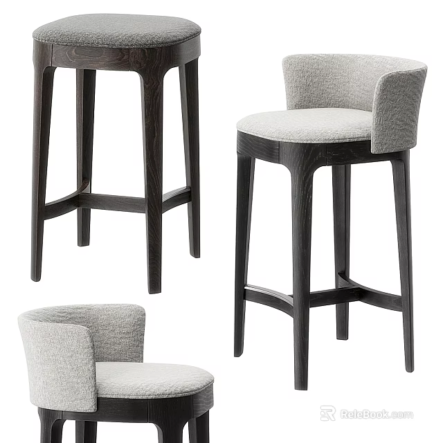 Modern Comfortable Bar Stools With Light Gray Fabric Backrest And Dark Wooden Legs 3d model 