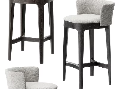 Modern Comfortable Bar Stools With Light Gray Fabric Backrest And Dark Wooden Legs 3d model