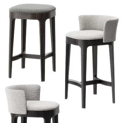 Modern Comfortable Bar Stools With Light Gray Fabric Backrest And Dark Wooden Legs 3d model