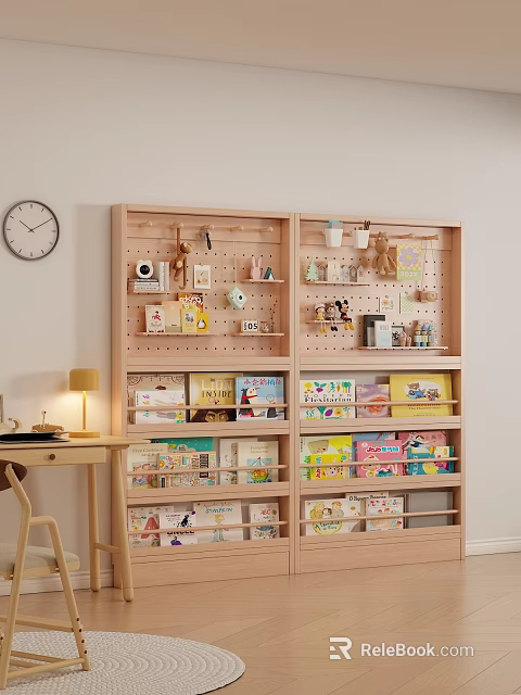 Wooden Bookshelf With Organized Books Toys Decorations And Hooks In Home Interior 3d model 