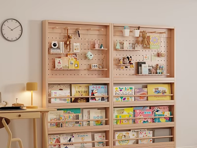 Wooden Bookshelf With Organized Books Toys Decorations And Hooks In Home Interior 3d model