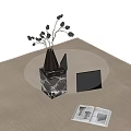 Modern Glass Top Coffee Table With Black Vase And Open Magazine On Rug