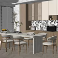 Modern Restaurant Open Kitchen Design With Island Dining Chairs Patterned Backsplash And Blinds 3d model