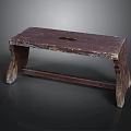 Dark Colored Wooden Bench With Worn Surface Central Hole And Curved Legs