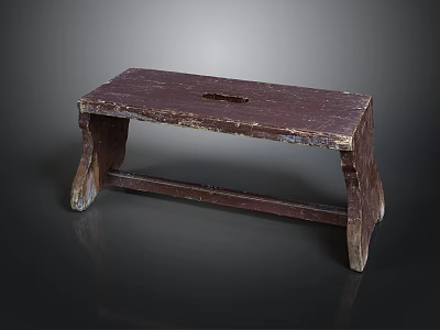 Dark Colored Wooden Bench With Worn Surface Central Hole And Curved Legs 3d model
