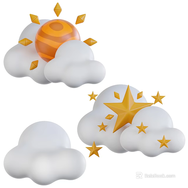 Art Installation Featuring White Clouds Yellow Stars And Orange Striped Sphere 3d model 