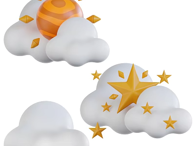 Art Installation Featuring White Clouds Yellow Stars And Orange Striped Sphere 3d model