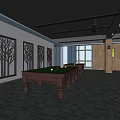 Wooden Desks In Billiard Room With Dark Carpet And Ceiling Lights