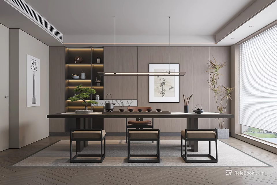 Modern Tea Room Interior With Long Wooden Table Stools Green Plants And Hanging Painting 3d model 