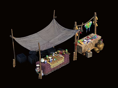 Traditional Outdoor Market Stall With Wooden Pole Canopy And Colorful Decorations 3d model