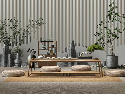 Natural Zen Tea Table and Chairs With Striped Wall Green Plants Rock Decorations Woven Mats 3d model