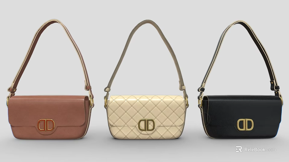Stylish Quilted Handbags With Brown Beige Black Colors And CD Logo Design 3d model 