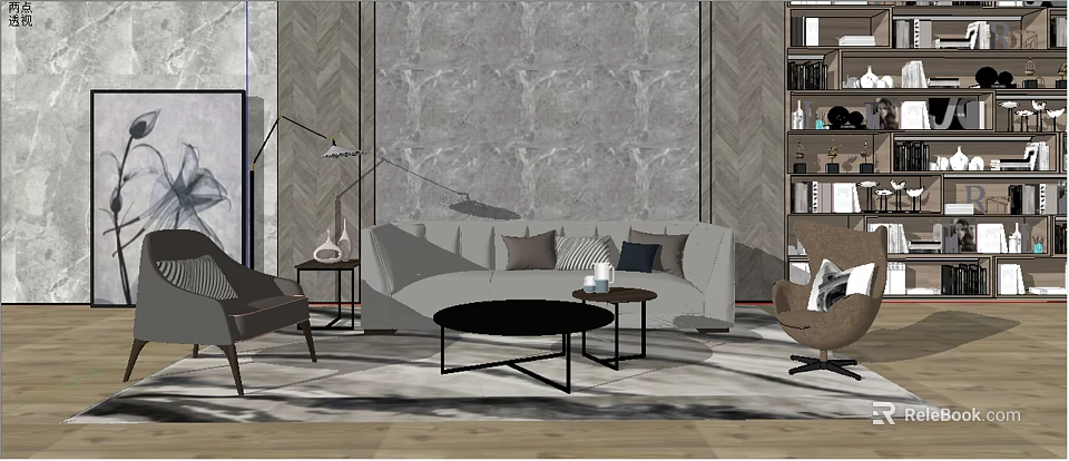 Modern Light Gray Sofa and Coffee Table Set With Black Round Table Decorative Throw Pillows Marble Textured Wall 3d model 