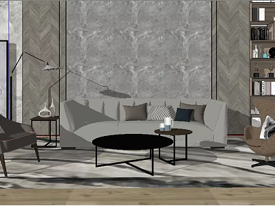 Modern Light Gray Sofa and Coffee Table Set With Black Round Table Decorative Throw Pillows Marble Textured Wall 3d model
