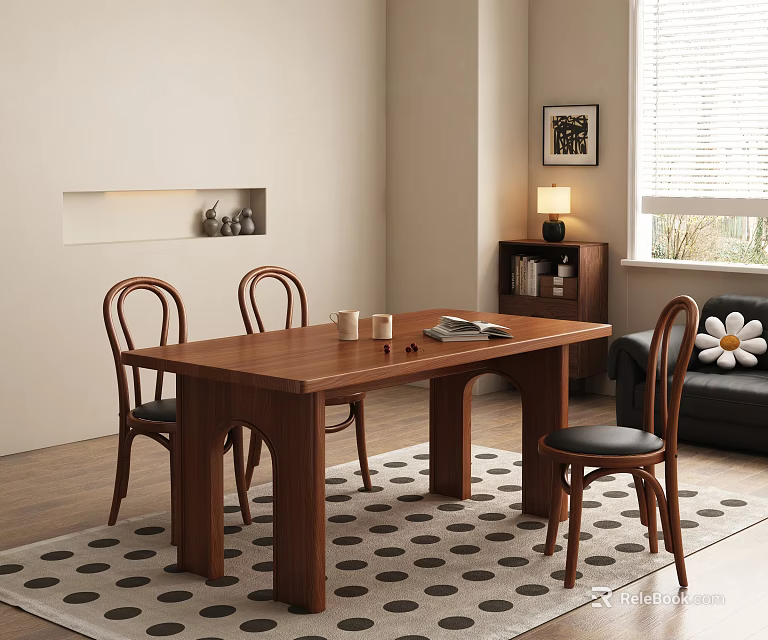 Wooden Dining Table Set with Chairs Tabletop with Cups and Book in Living Room Interior 3d model 
