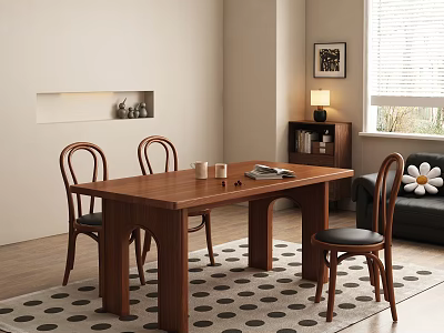 Wooden Dining Table Set with Chairs Tabletop with Cups and Book in Living Room Interior 3d model