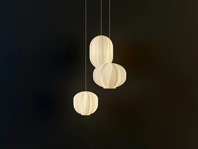 Three Modern Lantern Shaped Fabric Pendant Lights With Soft Lighting On Dark Background 3d model