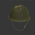 Vintage Green Military Helmet Featuring Worn Surface Scratches And Brown Straps