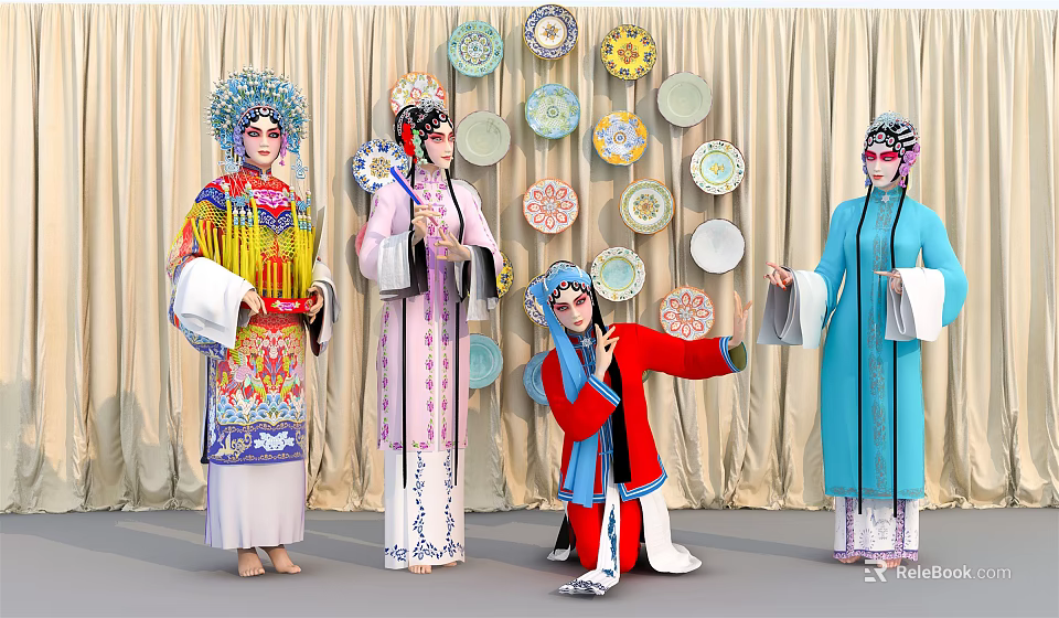 Group of Chinese Opera Performers in Traditional Costumes with Decorative Plates Backdrop 3d model 