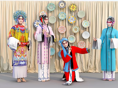 Group of Chinese Opera Performers in Traditional Costumes with Decorative Plates Backdrop 3d model