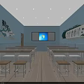 School Classroom Interior With Light Blue Walls Desks Chairs Projection Screen And Wall Decorations