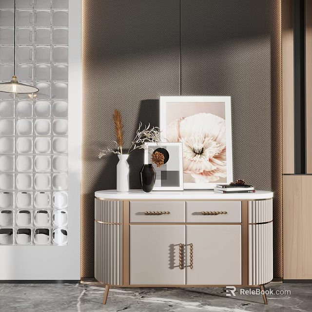 Stylish Entryway Console Table With Dried Grass Vase Framed Painting And Storage Drawers 3d model 