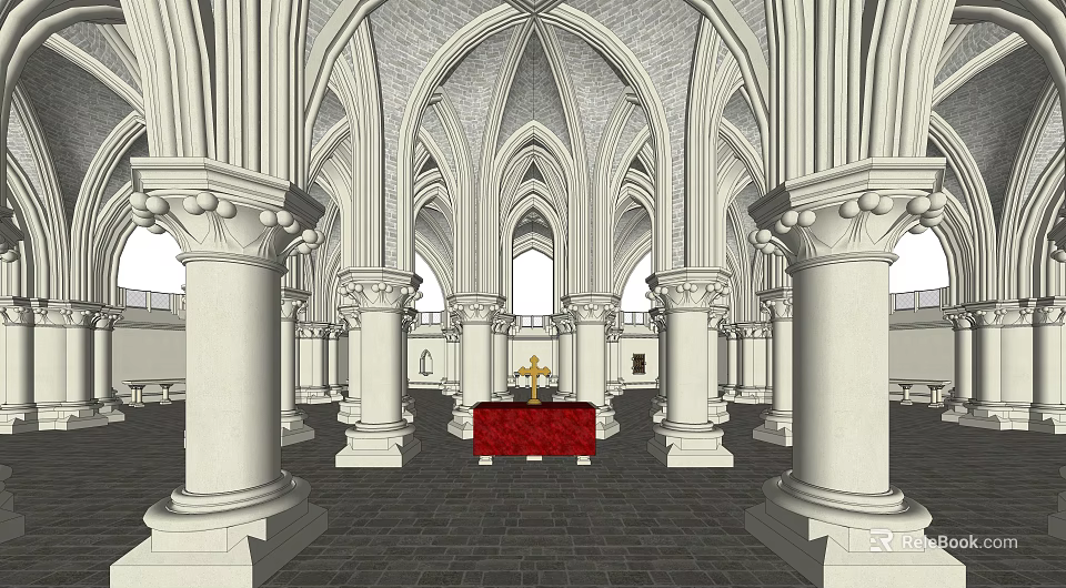 Gothic Religious Church Interior With Vaulted Ceilings White Columns And Red Altar 3d model 
