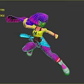 Colorful Game and Movie Character with Purple Hair Pink Streamer Yellow Top in Dynamic Pose