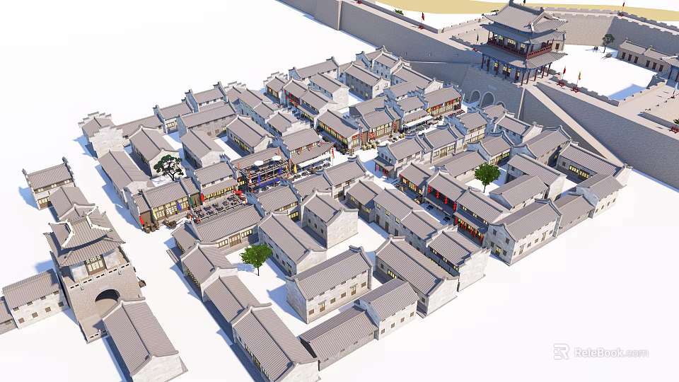 Traditional Chinese Commercial Street With Arranged Buildings And Shops Layout 3d model 