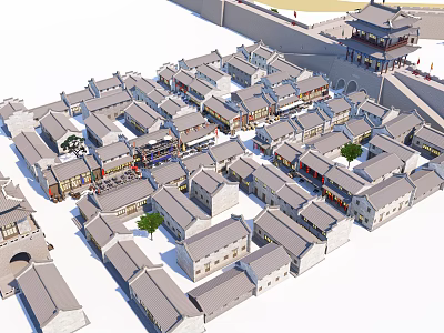 Traditional Chinese Commercial Street With Arranged Buildings And Shops Layout 3d model