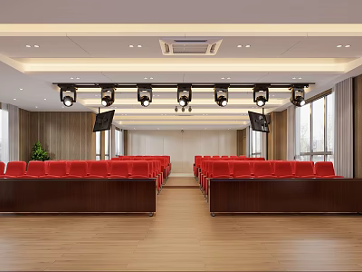 Conference Room Interior With Red Seats Wooden Flooring Ceiling Lights And Large Screen TVs 3d model