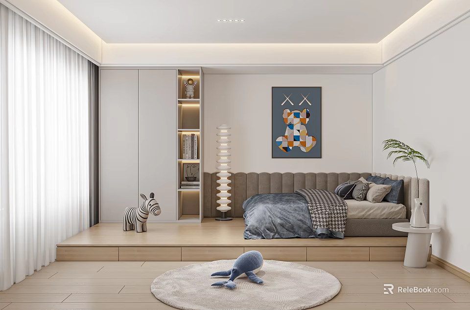 Tatami Bedroom Interior Design With Gray Bedding Pillows Decorative Painting Storage Shelf And Round Rug 3d model 