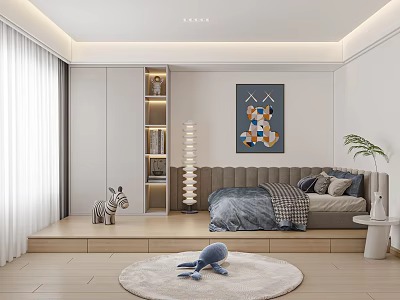 Tatami Bedroom Interior Design With Gray Bedding Pillows Decorative Painting Storage Shelf And Round Rug 3d model