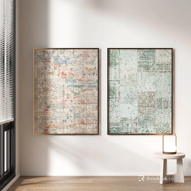 Two Vintage Decorative Paintings On Interior Wall With Table Lamp 3d model