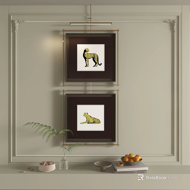 Abstract Paintings With Leopard Designs Framed On Wall Interior With Fern Plant And Oranges 3d model 