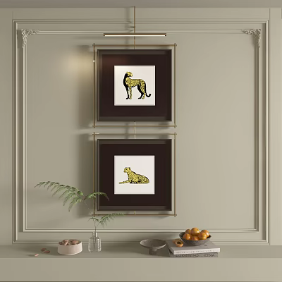 Abstract Paintings With Leopard Designs Framed On Wall Interior With Fern Plant And Oranges 3d model