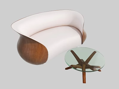 Modern White Sofa With Wooden Armrests And Round Glass Top Coffee Table 3d model