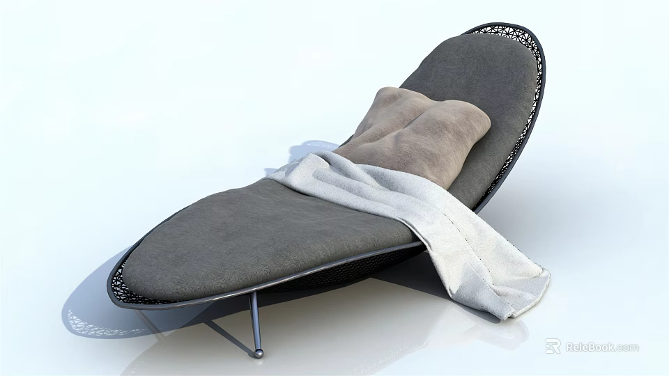 Modern Grey Lounge Chair With Beige Cushions And Light Blanket On Black Openwork Frame 3d model 