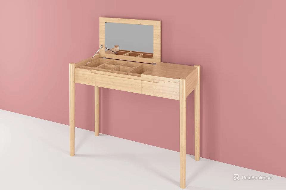 Light Wooden Dressing Table with Mirror Drawers and Storage Compartments on Pink Wall 3d model 